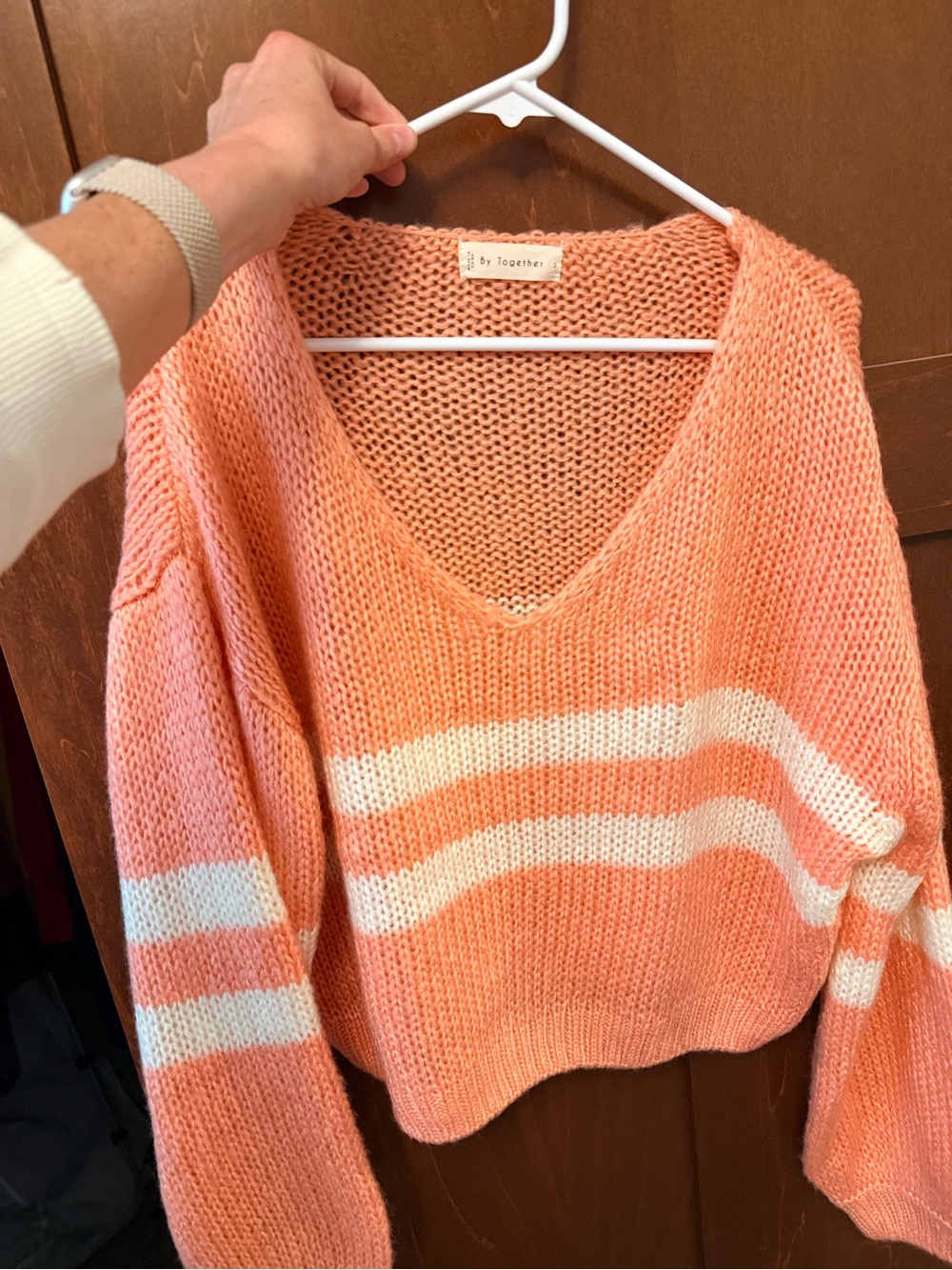 By Together Peach and White V-Neck Striped Knit Sweater size small